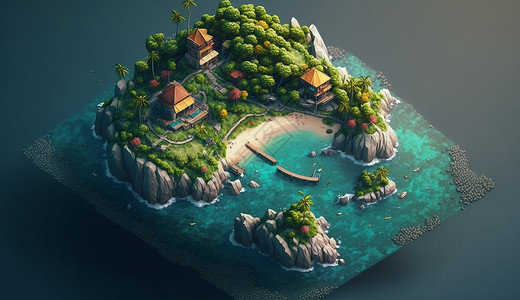 俯瞰岛屿海边别墅25D模型等距风格海滩俯瞰图插画