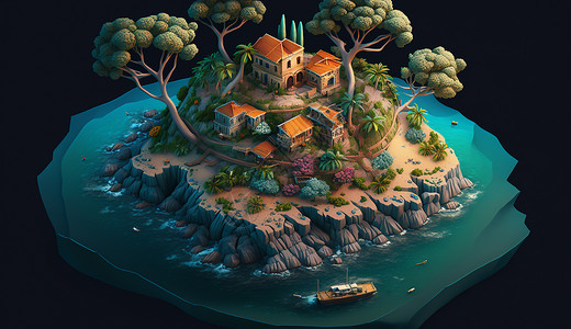 马来西亚沙巴环滩岛25D模型等距风格棕榈滩风景插画