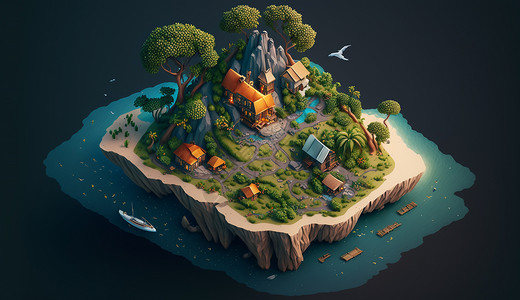 海岛别墅25D模型等距风格游戏岛屿场景插画