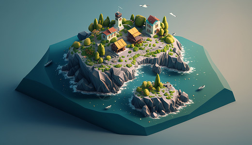海岛别墅25D模型等距风格游戏小场景插画