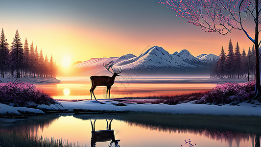 水边有只梅花鹿在喝水麋鹿傍晚风景插画