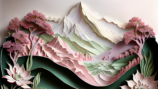 3D浮雕春天峡谷风景插画