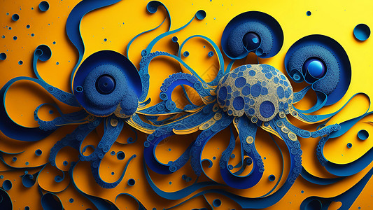 蓝环章鱼剪纸插画