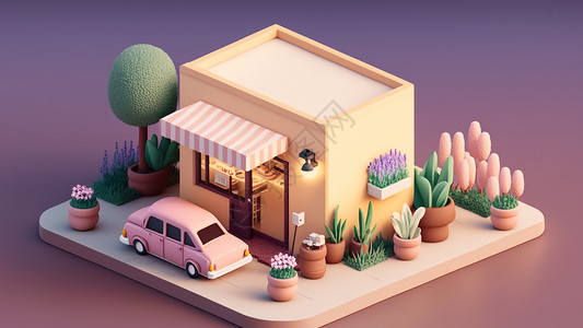 3D模型户外办公场所蛋糕店粉色可爱等距风格高清图片