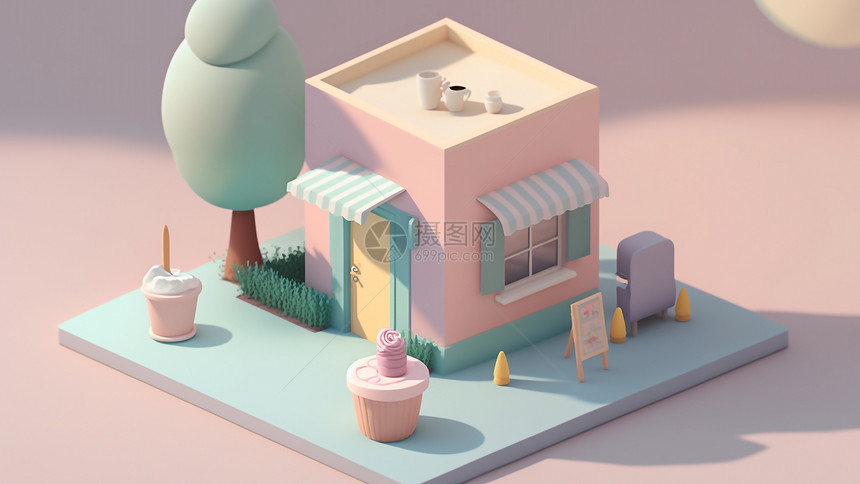 3D模型户外办公场所咖啡店粉色可爱等距风格图片