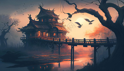 中式桥风景手绘桥油画高清图片