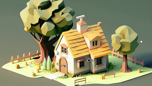 小树栅栏立体可爱房子插画
