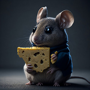 一只可爱的老鼠抓着一片奶酪高清图片