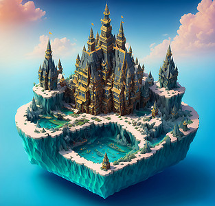 迪斯尼城堡三维等距漂浮的岛屿插画