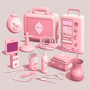 可爱小闹钟粉色背景上的可爱医疗设备插画
