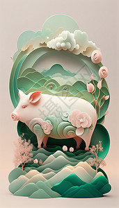 粉彩云中国风十二生肖猪插画