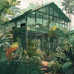 玻璃被被绿植所环绕的房子插画