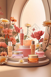 圆形花朵素材多种颜色瓶身化妆品背景