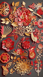 红色装饰物剪纸风喜庆花卉插画