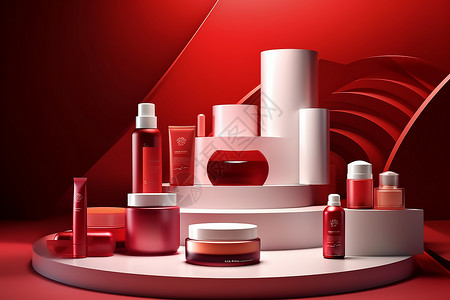 化妆品产品促销红色化妆品展台背景