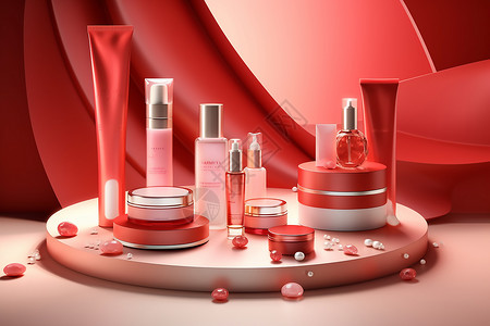 化妆品包装样机红色化妆品展台背景