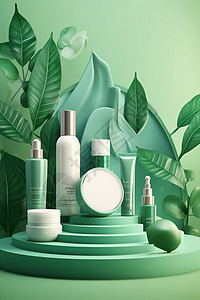 农夫山泉瓶身白色和绿色瓶身化妆品展示背景