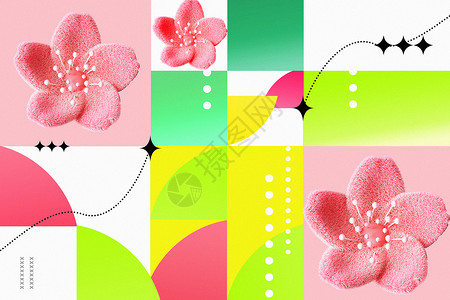 樱花形状清新撞色毛绒风立体樱花背景设计图片
