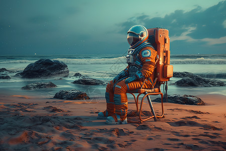 海边坐着在海边的航天员插画