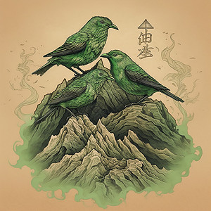 复古绿色鸟类绘图背景图片