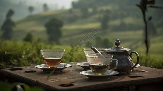 咖啡器具茶园饮茶插画