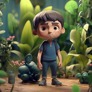 站在植物旁的可爱小男孩图片