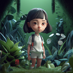 在植物丛里行走的女孩背景图片