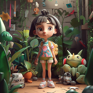 植物丛里背包的小女孩背景图片