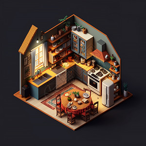 配套厨房家具厨房桌椅厨房家具等距风格超现实插画