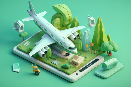 绿色飞机玩具精致的生态模型插画