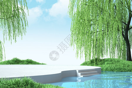 东方草木春季水面柳树场景设计图片