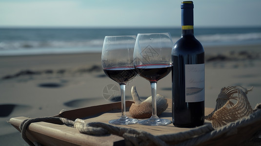 沙滩红酒海边红酒插画