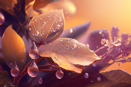 玻璃质感水背景树叶露水插画