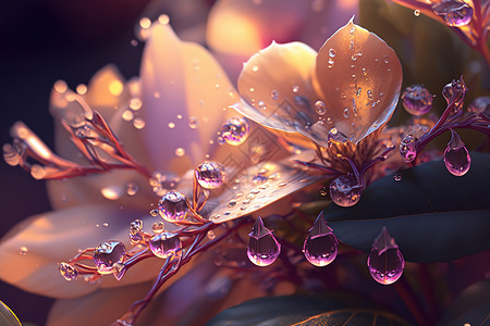 玻璃质感水滴与树叶背景图片