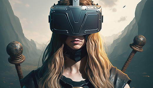 VR头盔时光机带VR眼镜的女人插画