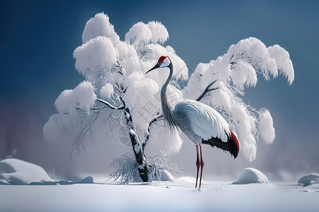 雪地松树前的白鹤图片