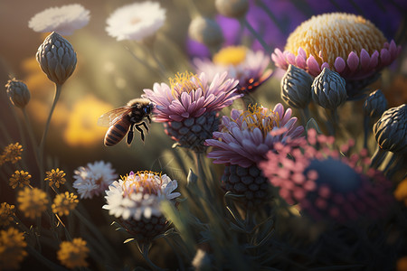 照片收集花丛中采蜜的蜜蜂插画