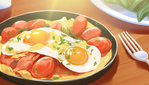 香肠煎蛋美味的饭插画