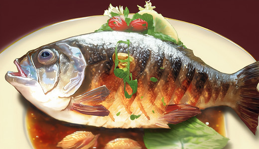 菜盘子里蔬菜美味的鱼插画