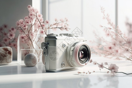 樱花与相机背景图片