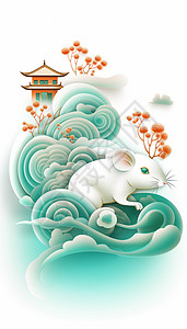 粉彩云中国风十二生肖鼠插画