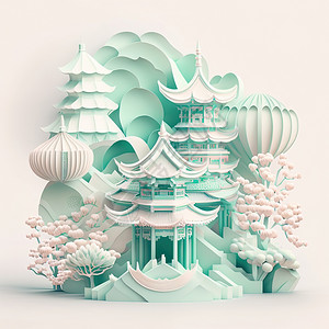 立体纸艺中国风建筑剪纸插画