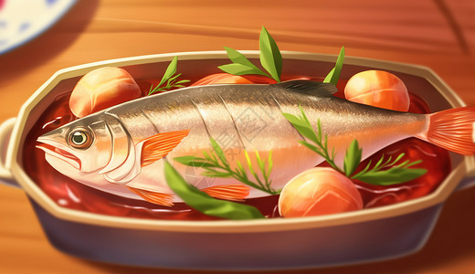 菜品蔬菜鱼类菜品手绘插画