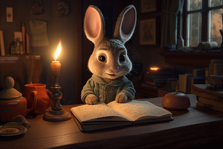 灰色兔子看书的兔子插画