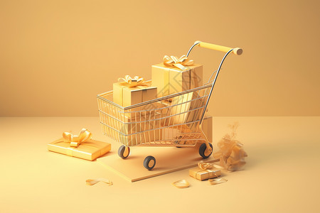 黄色购物车黄色礼物盒模型设计图片