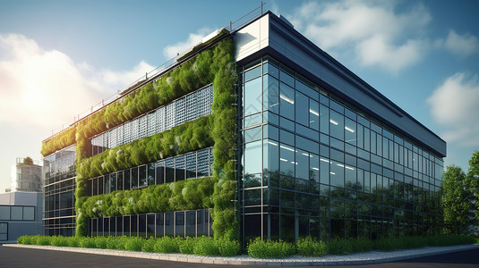 建筑质感被绿植包围的办公楼插画