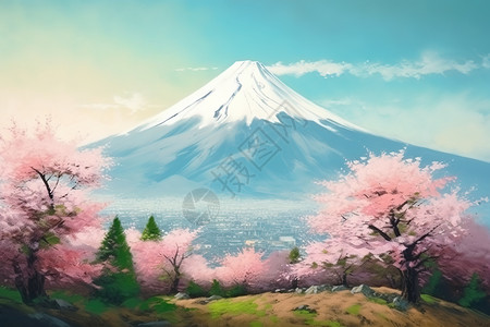 晴天樱花富士山图片