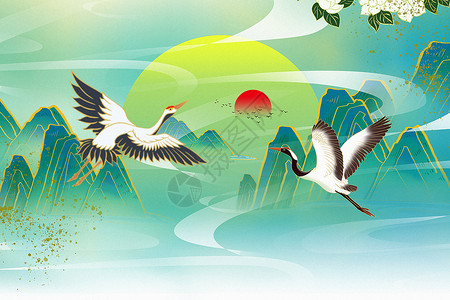 两只鸟国潮手绘风仙鹤山水背景图设计图片