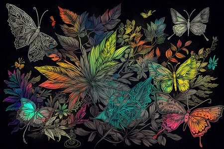 蝴蝶树叶绘画背景图片