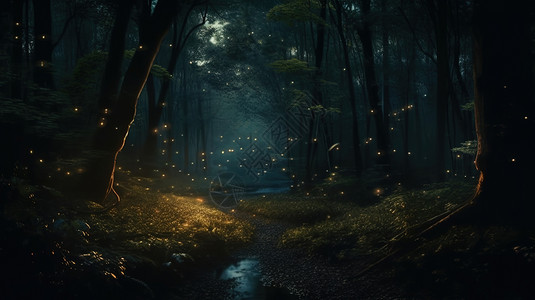 森林小道素材夜晚的森林插画
